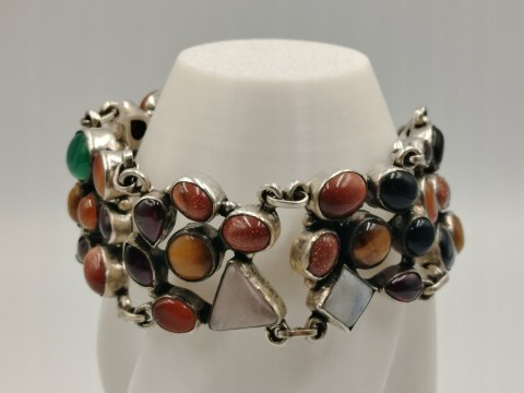 Piękna stara srebrna damska bransoletka MIX kamieni biżuteria VINTAGE