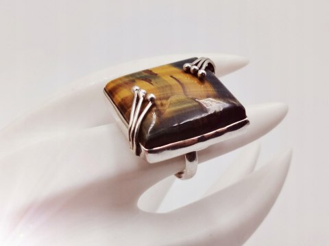 Piękny stary srebrny damski pierścionek TYGRYSIE OKO r.14 srebro biżuteria