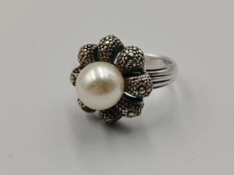 Stary srebrny pierścionek PERŁA MARKAZYTY r.14 srebro 925 VINTAGE biżuteria