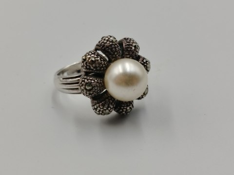 Stary srebrny pierścionek PERŁA MARKAZYTY r.14 srebro 925 VINTAGE biżuteria