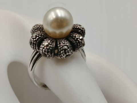 Stary srebrny pierścionek PERŁA MARKAZYTY r.14 srebro 925 VINTAGE biżuteria
