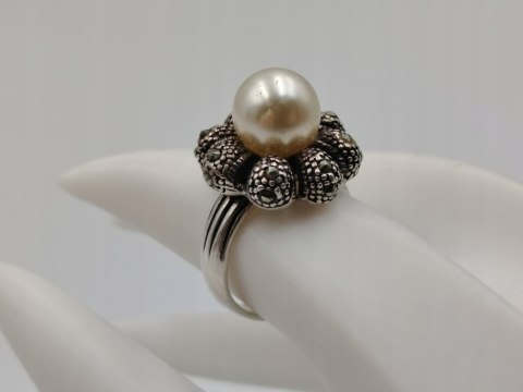 Stary srebrny pierścionek PERŁA MARKAZYTY r.14 srebro 925 VINTAGE biżuteria