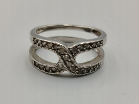 Stary srebrny pierścionek/obrączka ażurowa CYRKONIE r.14 srebro 925 VINTAGE