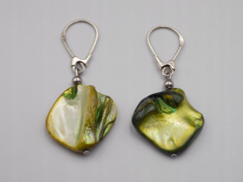 Stare srebrne kolczyki limonkowo-zielone, masa perłowa VINTAGE biżuteria