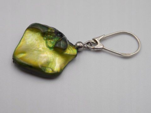 Stare srebrne kolczyki limonkowo-zielone, masa perłowa VINTAGE biżuteria