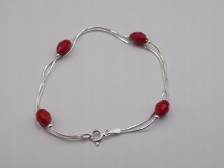 Piękna srebrna damska bransoletka - czerwone koraliki, srebro 925 biżuteria