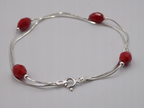 Piękna srebrna damska bransoletka - czerwone koraliki, srebro 925 biżuteria