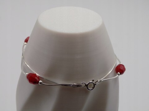 Piękna srebrna damska bransoletka - czerwone koraliki, srebro 925 biżuteria