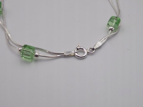 Piękna srebrna damska bransoletka - zielone koraliki, srebro 925 biżuteria