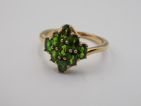 Piękny damski srebrny, pozłacany pierścionek - zielone cyrkonie - roz. 23