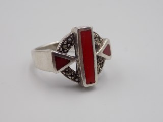 Stary srebrny pierścionek emalia+markazyty roz.13 srebro biżuteria VINTAGE