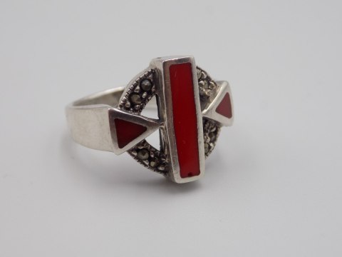 Stary srebrny pierścionek emalia+markazyty roz.13 srebro biżuteria VINTAGE