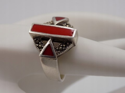 Stary srebrny pierścionek emalia+markazyty roz.13 srebro biżuteria VINTAGE