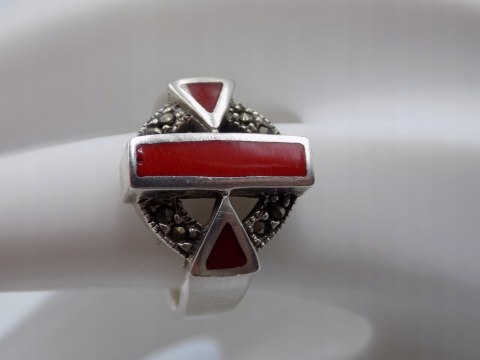 Stary srebrny pierścionek emalia+markazyty roz.13 srebro biżuteria VINTAGE