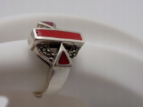 Stary srebrny pierścionek emalia+markazyty roz.13 srebro biżuteria VINTAGE