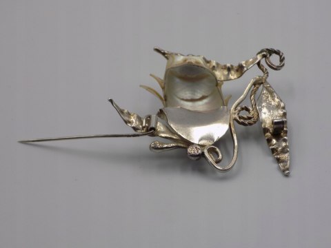 Piękna, stara, damska, duża, srebrna broszka RÓŻA-MASA PERŁOWA - srebro 925