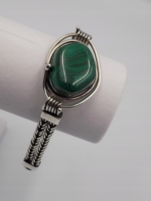 Stara, srebrna, damska, bransoletka - malachit - srebro 925, w: 63,94 g.