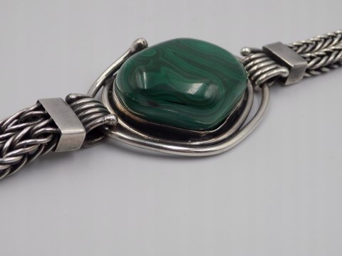 Stara, srebrna, damska, bransoletka - malachit - srebro 925, w: 63,94 g.