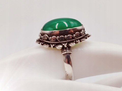 Srebrny damski pierścionek KABOSZON AGAT ZIELONY r.18 VINTAGE biżuteria