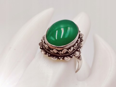 Srebrny damski pierścionek KABOSZON AGAT ZIELONY r.18 VINTAGE biżuteria